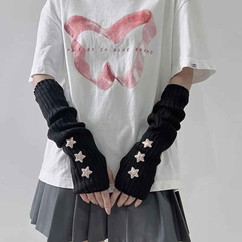 Winter Gloves ,1 Pair of Ladies' Fingerless Gloves with Star Decoration White/black/pink Machine Washable Accessory Gloves view 3