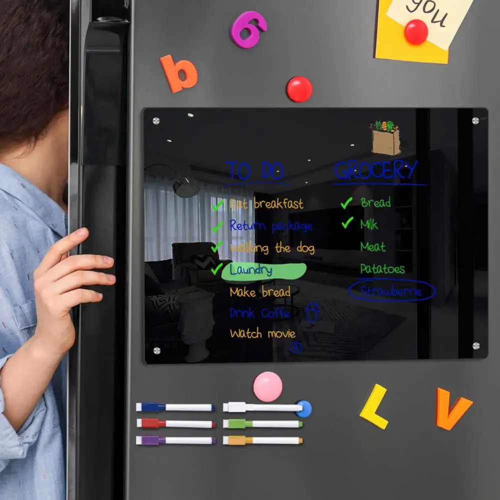 Planificador de horario para niños, calendario semanal negro, pizarra blanca con nevera magnética, tablero acrílico, texto negro, 6 marcadores fáciles