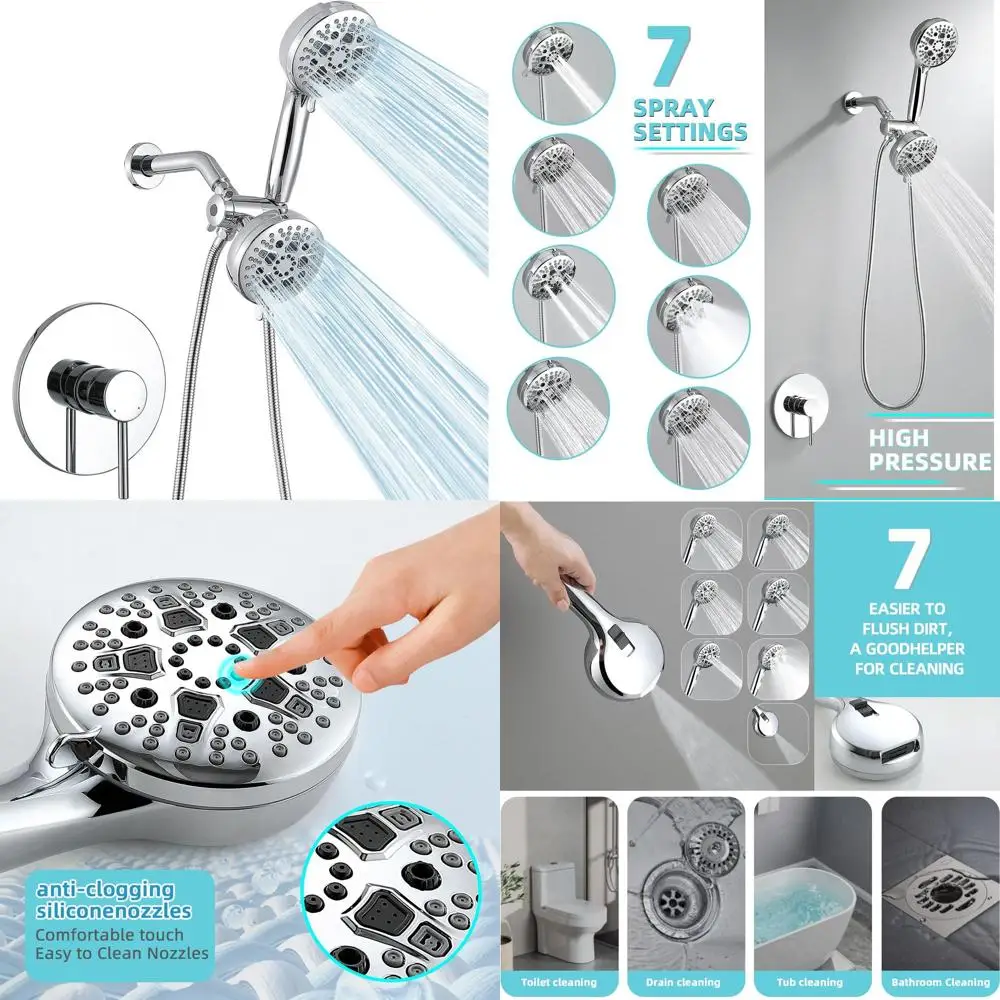 

Dual-Head Matte Black Shower System with High-Pressure Rainfall and Handheld Spray, 7 Modes, Chrome Finish