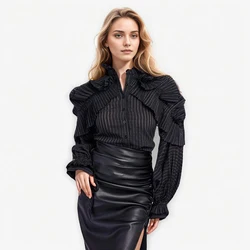 Patchwork Ruffles Striped Casual Blouses For Women Stand Collar Lantern Sleeve Spliced Single Breasted Chic Shirts Female