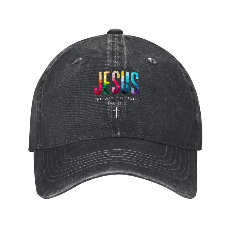 JESUS Rainbow Cross Washed Denim Baseball Cap Faith Inspired Christian Hat with Vintage Style Design and Adjustable Fit