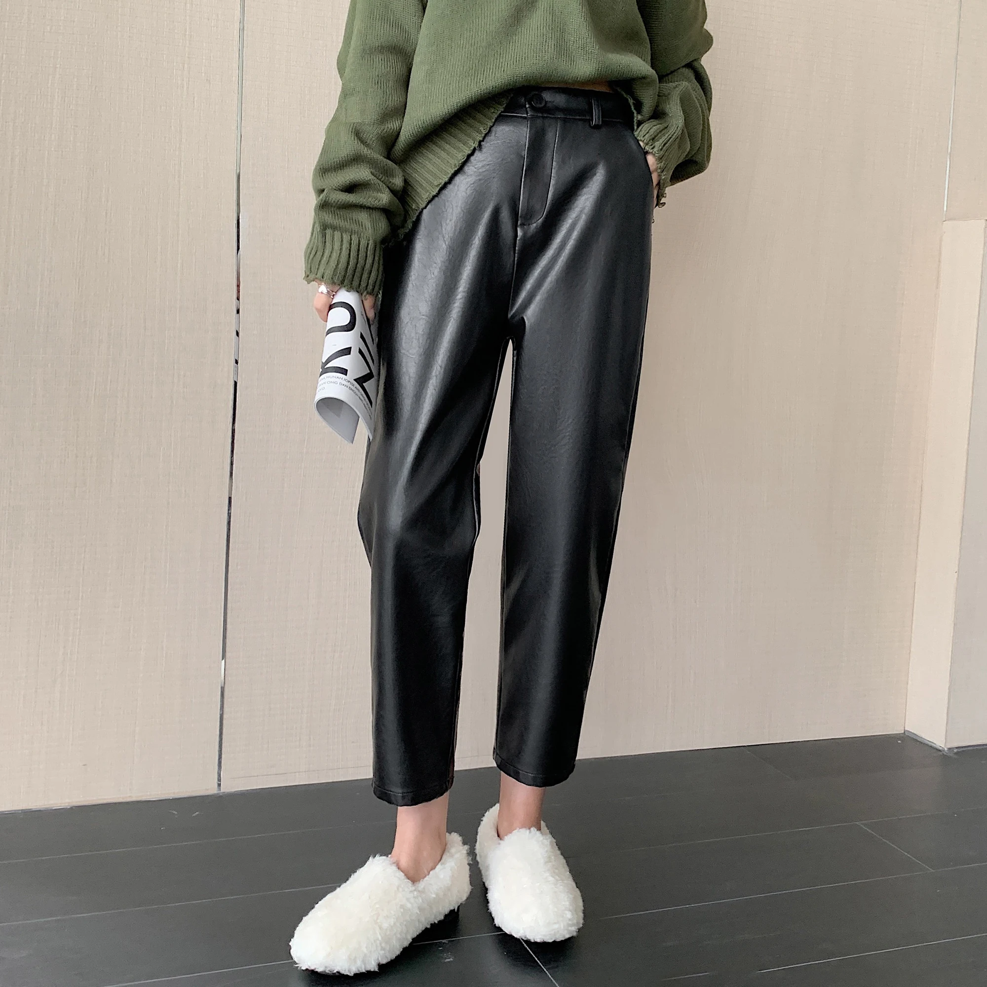 

Autumn Winter Vintage PU Leather Women's Ankle Length Pants 2024 New High Waist Black Korean Casual Harem Pants Pockets Female