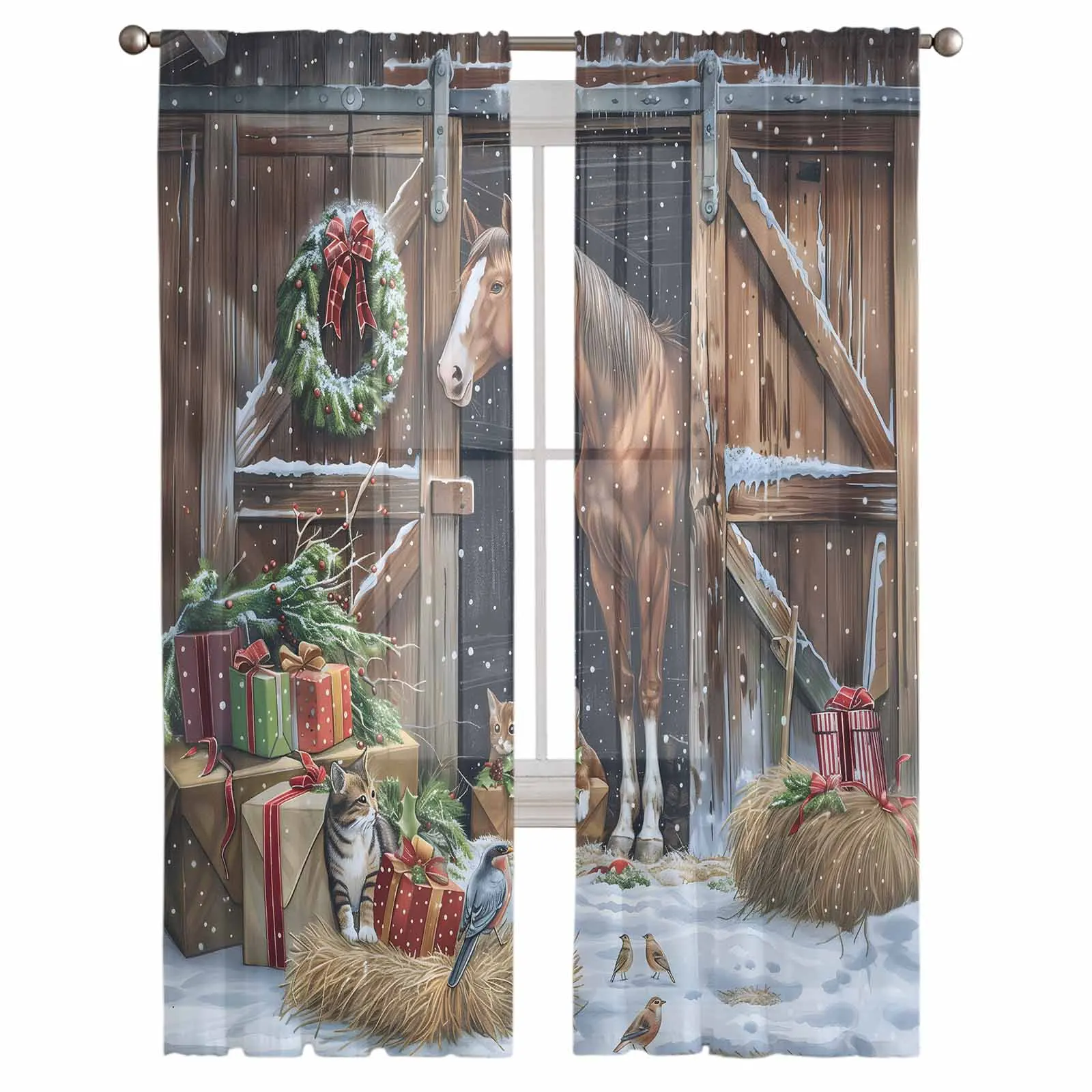 Christmas Farmhouse Horse Wreath Chiffon Sheer Curtains for Living Room Bedroom Decor Kitchen Window Voiles Tulle Curtain