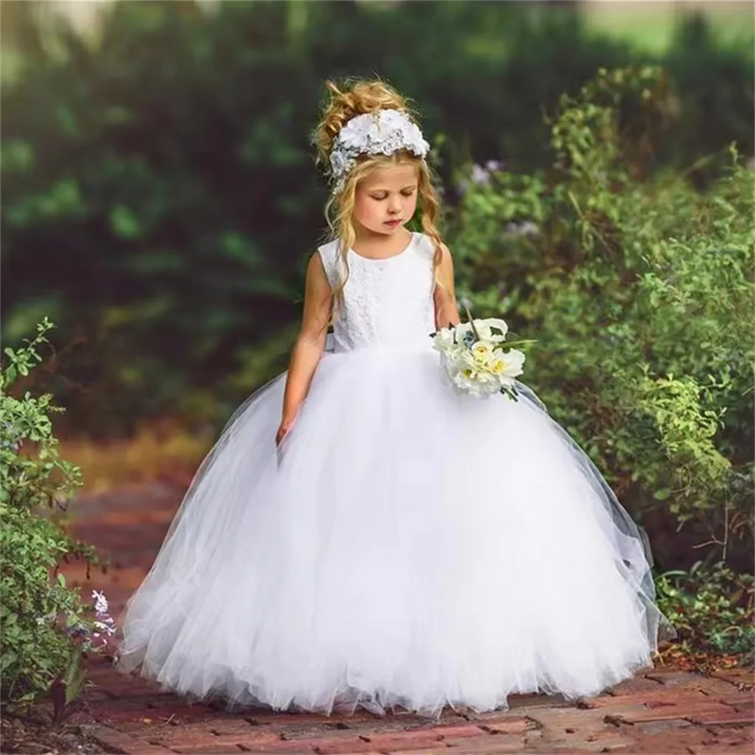 2025 White Sleeveless Tulle Lace Printing Backless Princess Ball First Communion Dresses Surprise Birthday Present