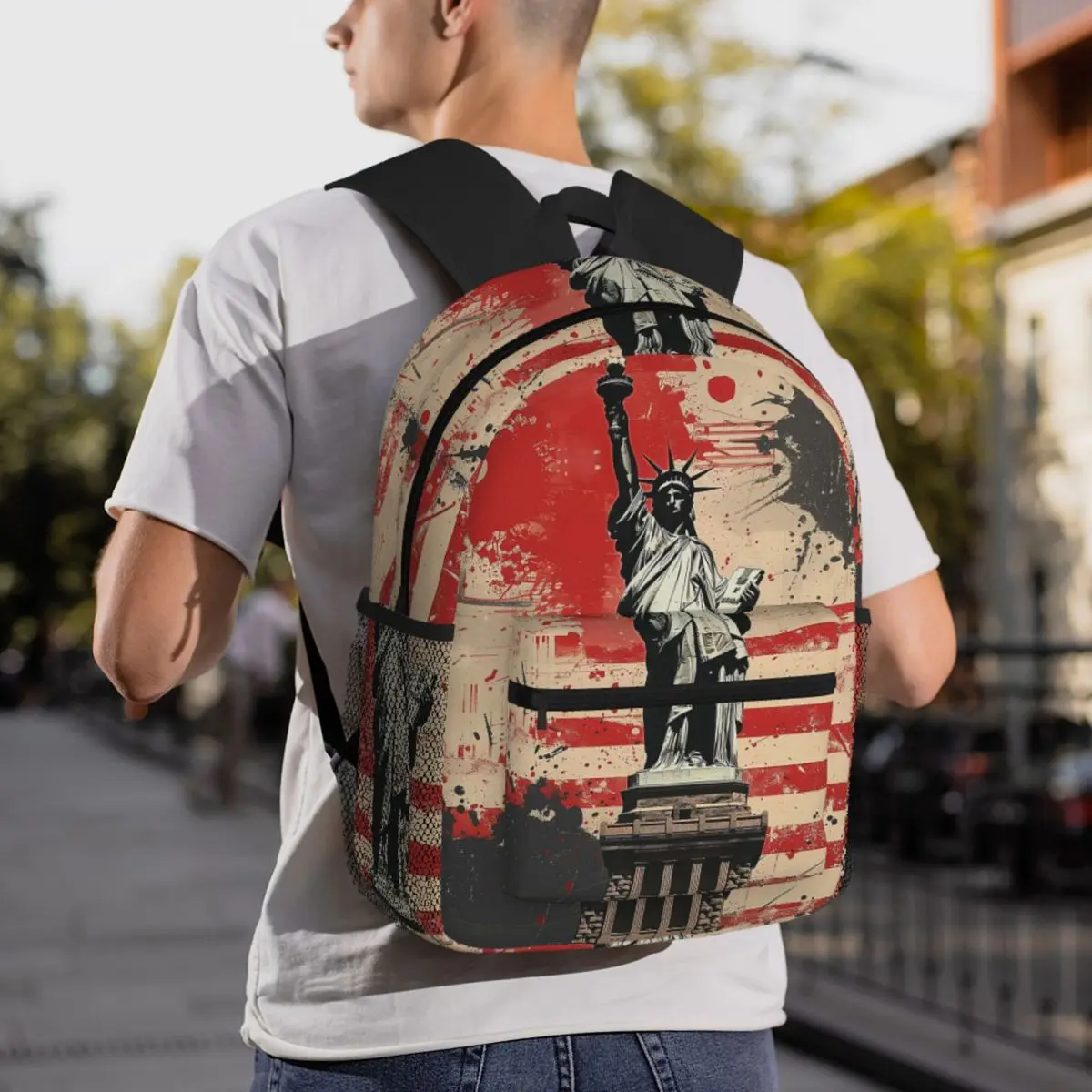 

American Flag And Statue Of Liberty Backpack Daypack Large Capacity Kids BookBag School Bag Shoulder Bags for Men Women