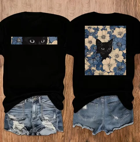 Women's Retro Printed Short Sleeved T-shirt with Double-sided Geometric 