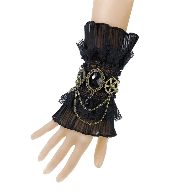 Sarung Tangan Tanpa Jari Gotik Steampunk Manset Pergelangan Tangan Lengan Palsu Renda Ruffle Baru 2024 untuk Wanita