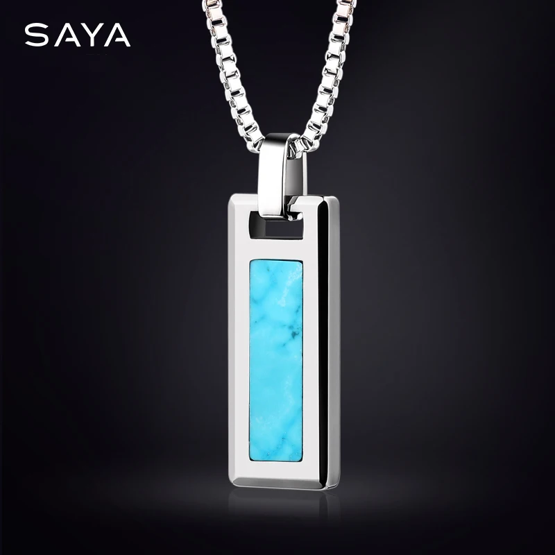 Necklace for Men Natural Turquoise Pendant High end Trendy Brand Tungsten Black Agate Fashion Versatile，Engraving