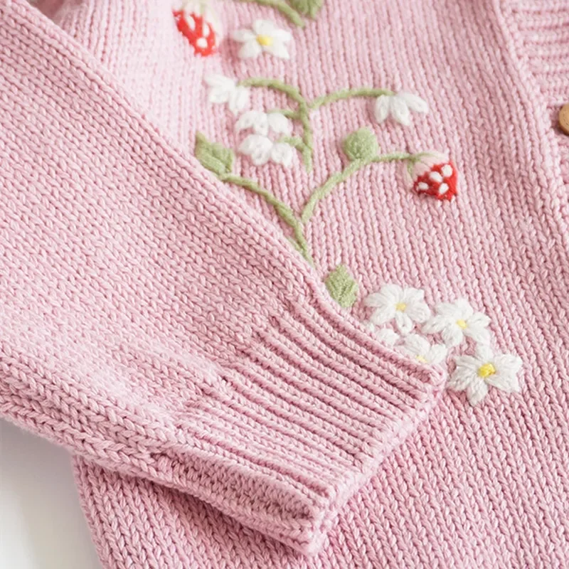 2023 Autumn Kids Sweater Cute Flowers embroidery Girls Knitted Cardigan Baby Girl strawberry Coats