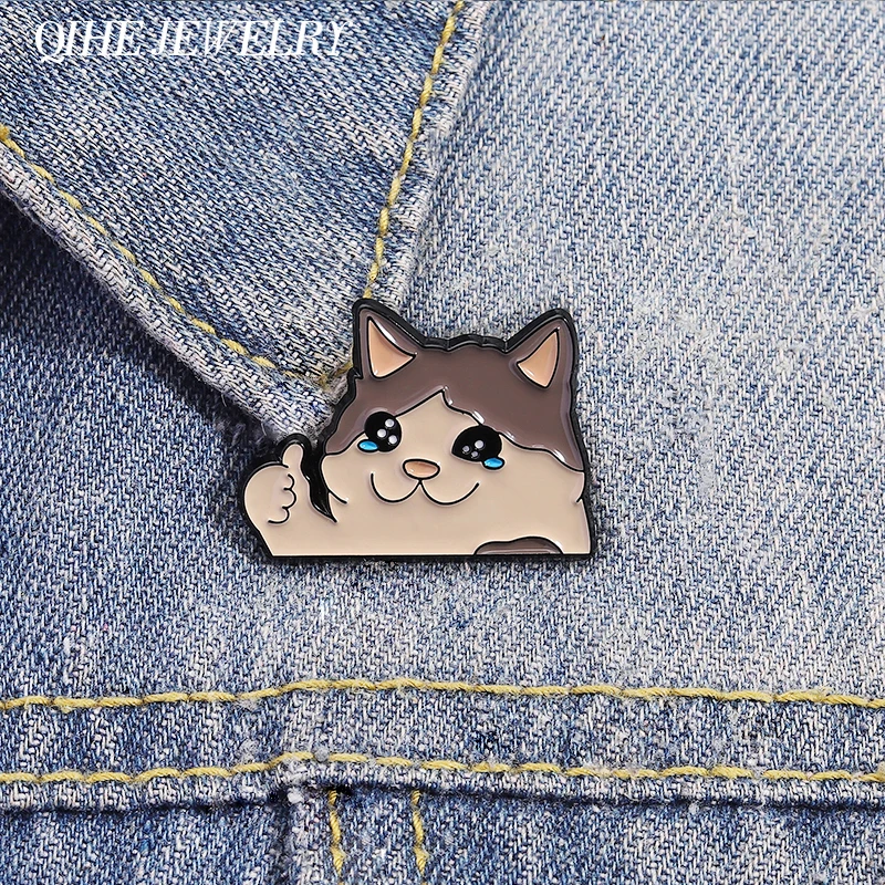 Thumb Up Crying Cat Enamel Pin Kawaii Humorous Animal Brooch Clothes Bag Lapel Badge Funny Jewelry Gifts For Cat Lovers Friends