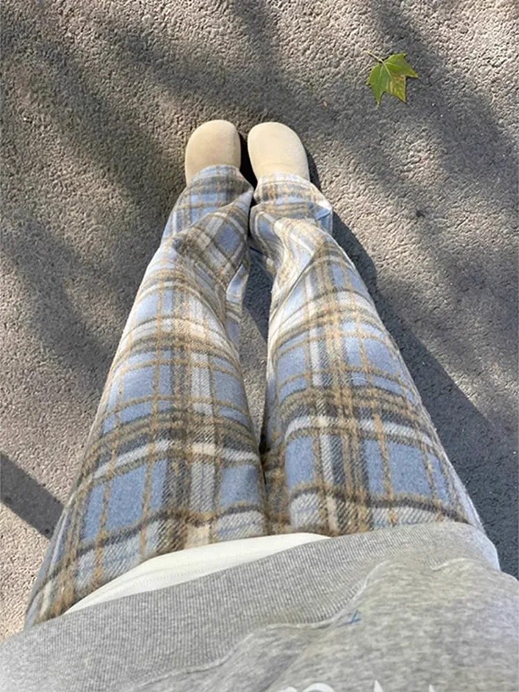 

Vintage Plaid Men's Pants Winter Fce Lined Wool Wide Leg Casual Trousers Low Waist Straight Cut Anti-Wrinkle Faion Brand