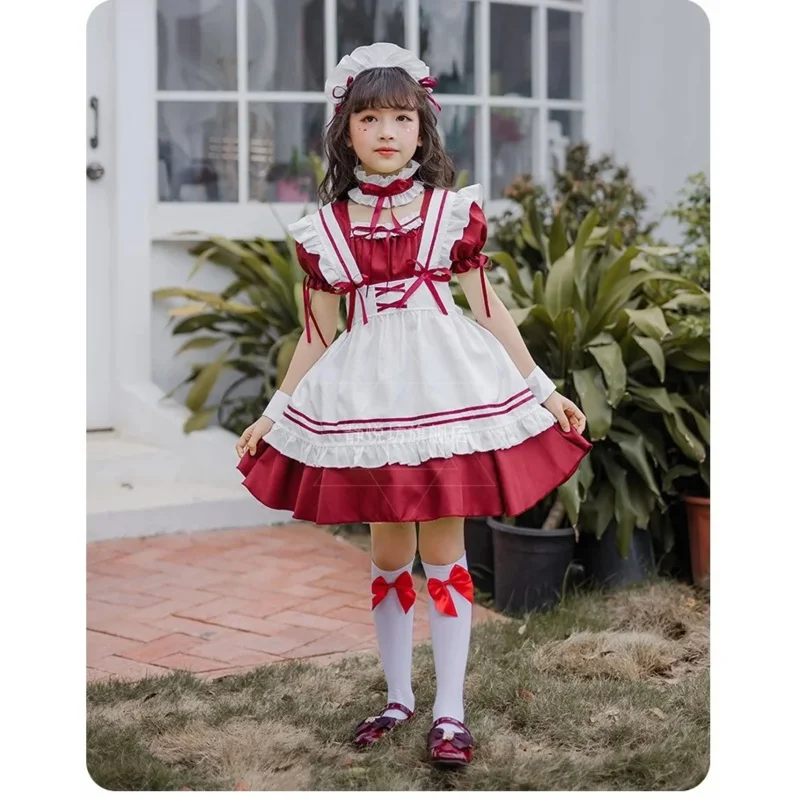 2025 NewNew Kids Lovely Maid Cosplay Costumes Girls Anime Lolita Princess Dress Short Sleeve Ruffle With Headwear Neckwear Su AA