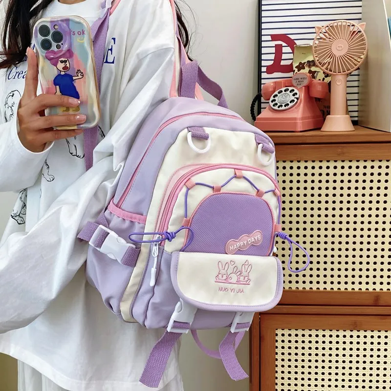 Cute color-blocking backpack for female students, large-capacity schoolbag, lightweight travel backpack, kawaii