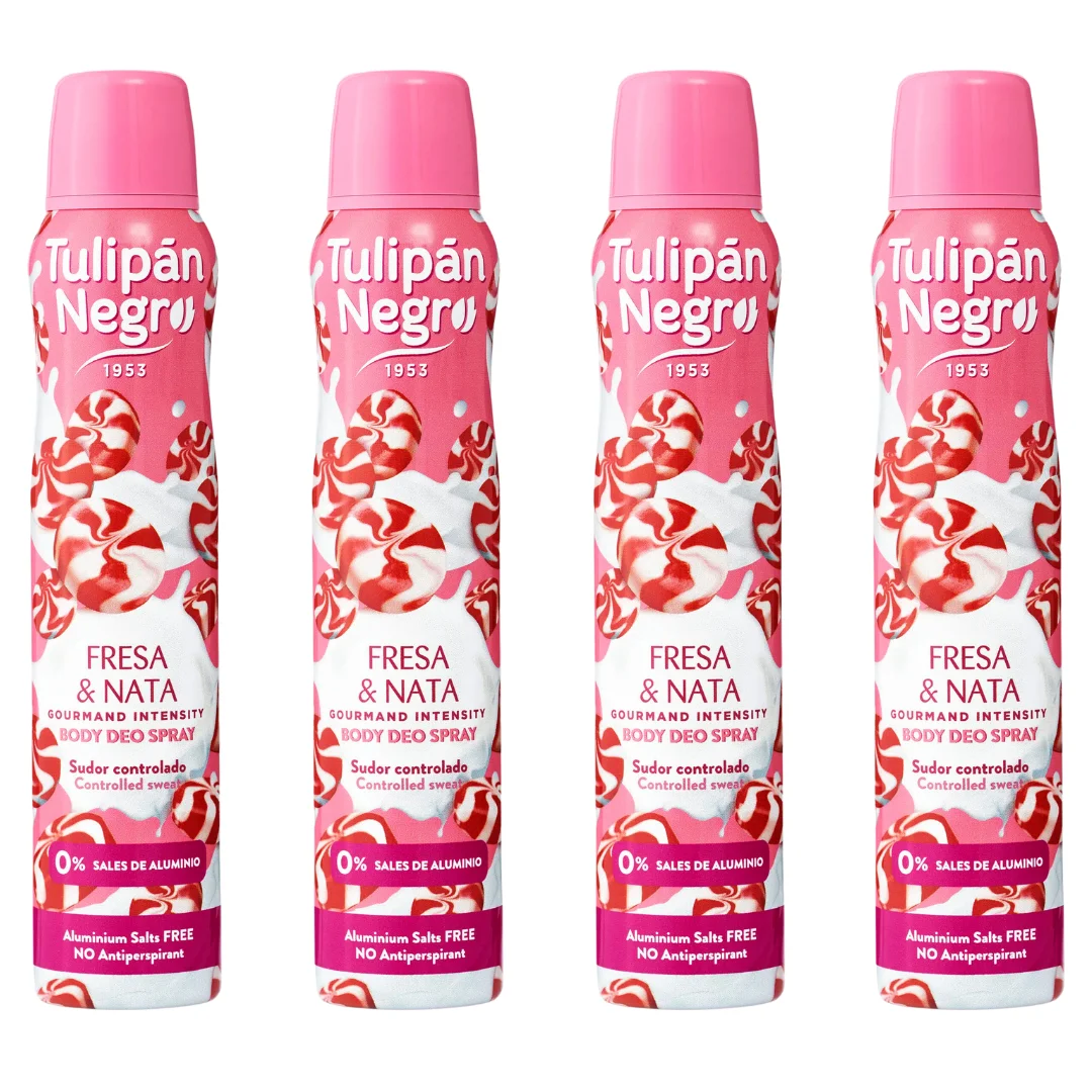 Pack 4 Desodorantes Spray Fresa y Nata 200 ml | Protección eficaz contra el sudor | Fragancia dulce y cremosa | Cuida y suaviza la piel | Ideal para uso diario TULIPAN NEGRO LOS MEJORES PRODUCTOS VIRALES CON AROMAS DULCES