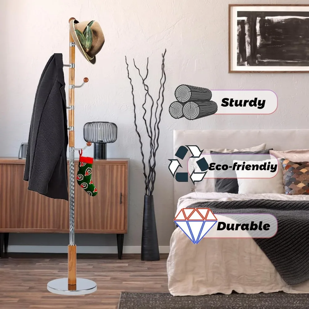 رف معطف شجرة قائم بذاته بارتفاع قابل للتعديل مع قاعدة مستديرة ثابتة لحلول تخزين المنزل وغرفة النوم