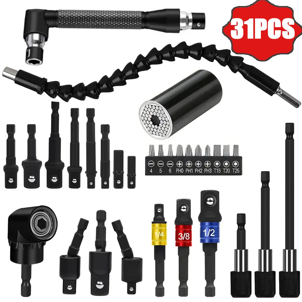 Flexible Drill Bit Extension Set Including 105° Right Angle Drill Attachment Hex Adapter Socket Bendable Magnetic Extender