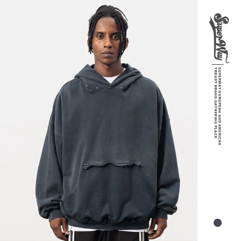 

Parisian Vintage Waed Heavyweight Hoodie Men's Casual Cotton Sweatirt Youth Leisure Full-Size Patchwork Design