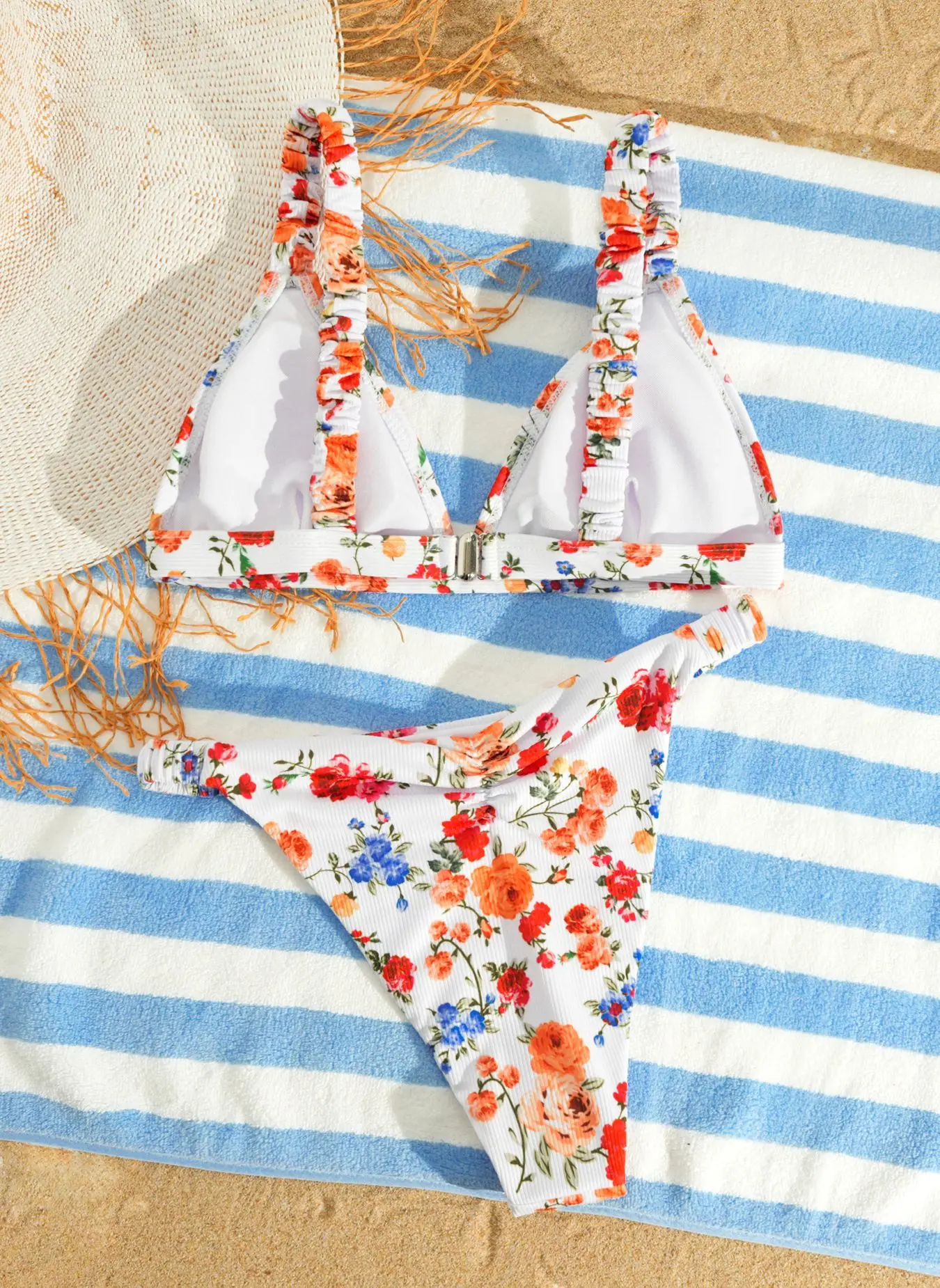 sexy ribbed flower print bikinis sets two pieces wrinkled thong swimsuits bathing suit swimwear biquini tankini trikini
