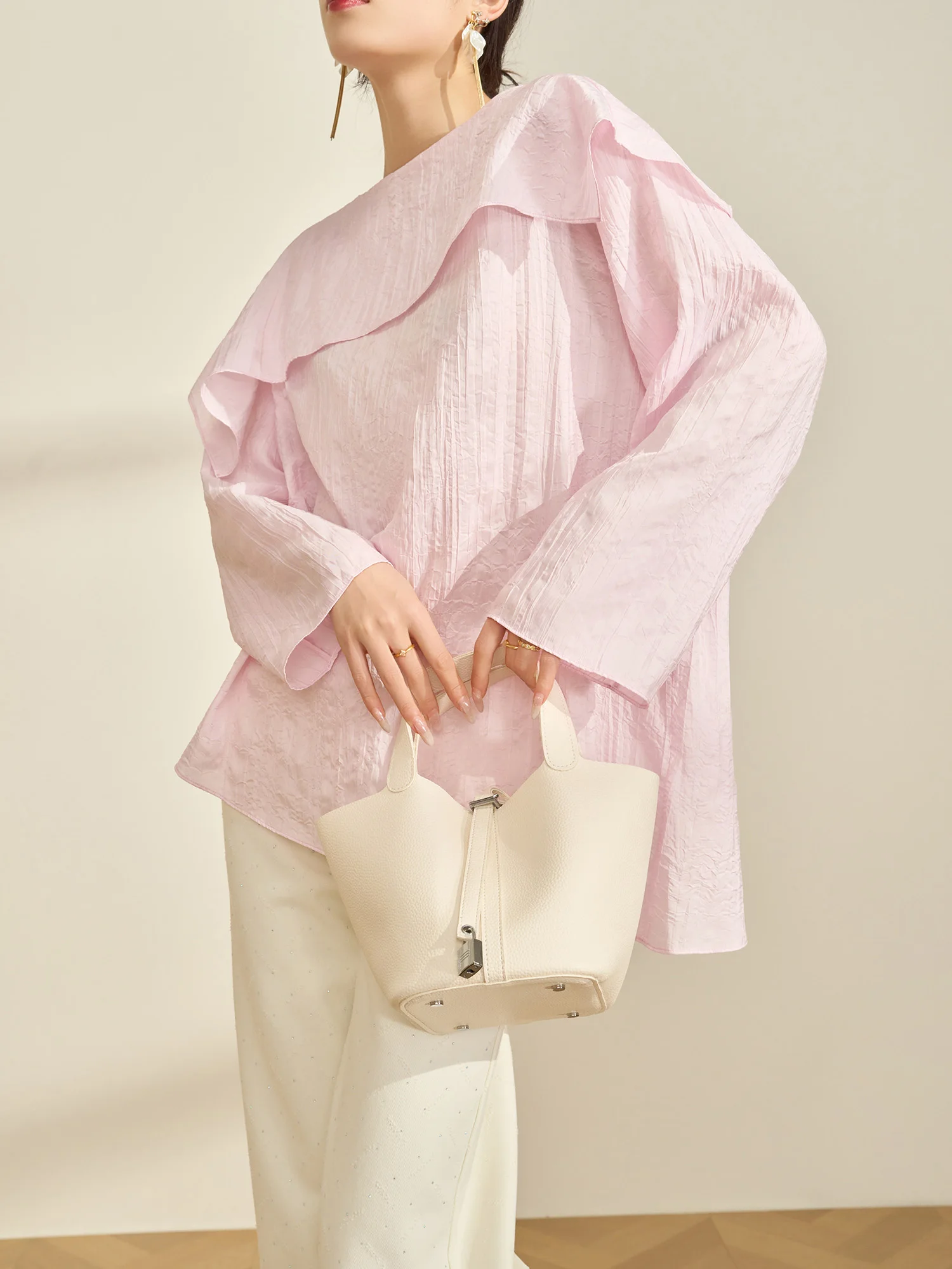 

Асимметричная женская рубашка с длинным рукавом в повседневном стиле, с текстурой, воротником-стойкой, розовая, весенняя модная блузка, свободный крой