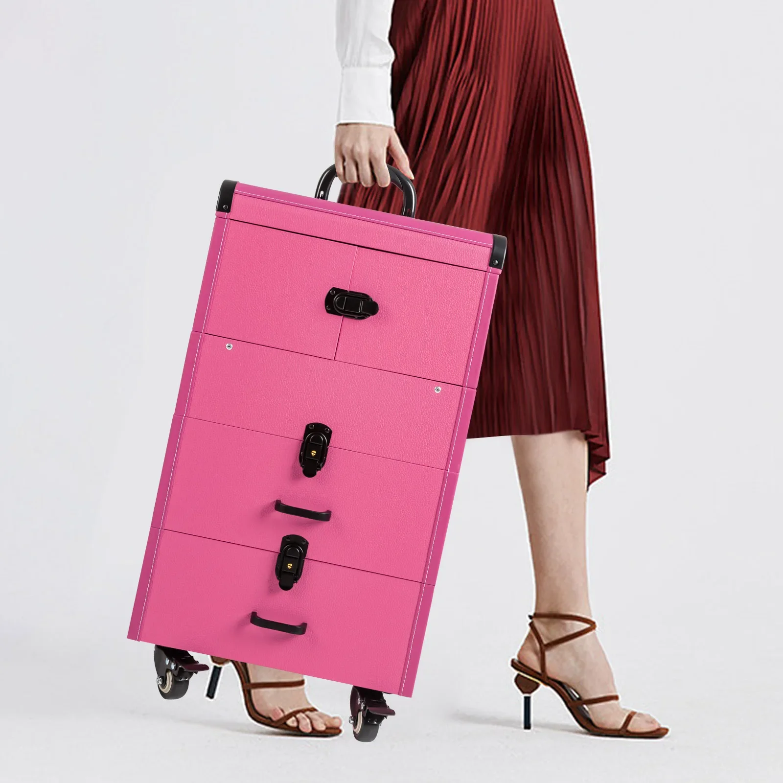 

Professional Makeup Rolling Organizer Rose Red Organizer Travel Luggage Cosmetic Portable Trolley with Drawer Cosmetic bag Bag