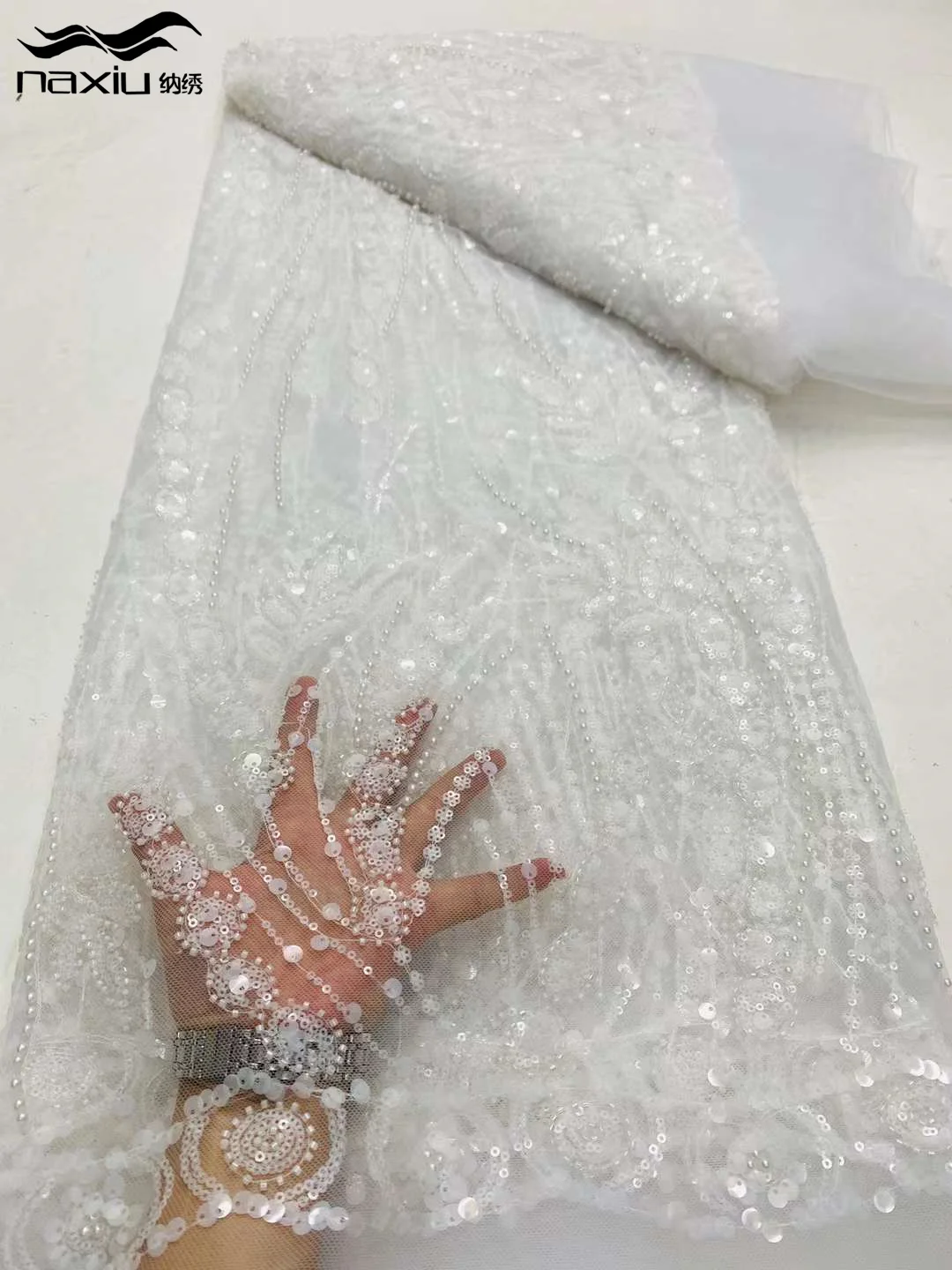 Madison African Sequins Beaded Lace Fabric  High Quality White Nigerian Wedding Bridal Embroidery French Tulle Sewing