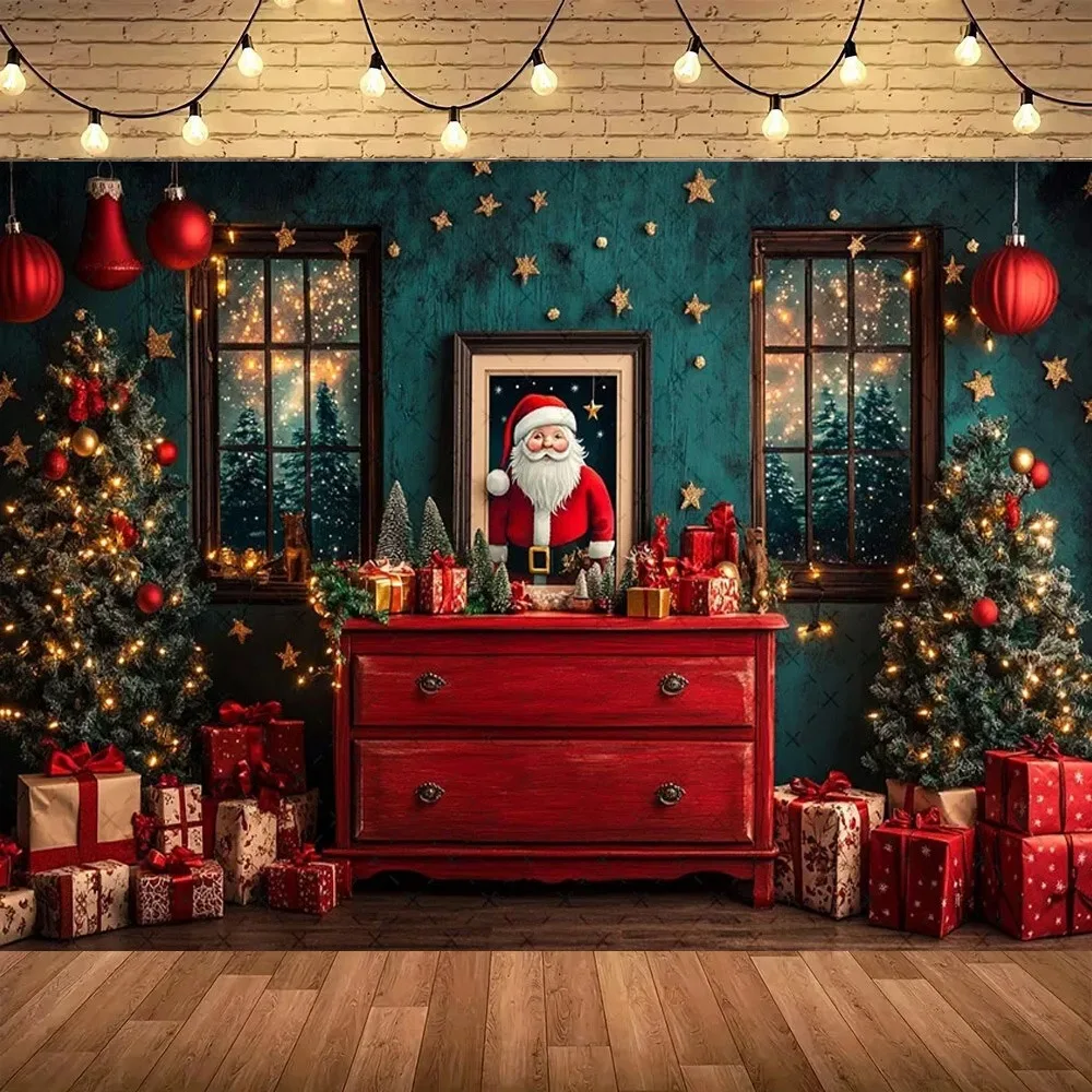 

Santa Claus gift window photography background, Christmas tree children's family party decoration photography studio background