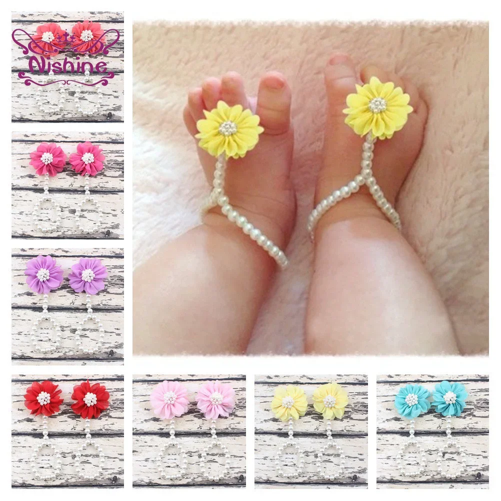 2pcs/lot Infant Pearl Barefoot Sandals Chiffon Flower Baby Girls Shoes Newborn DIY Foot Decoration Children Photography Props