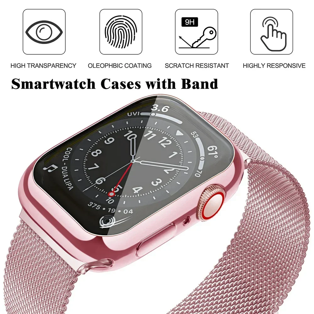 Milanese Loop+Case For Apple Watch Band 45mm 44mm 38mm-42mm-41mm 40mm Metal Magnetic bands iwatch Series 9 8 7 6 5 4 3 SE Strap