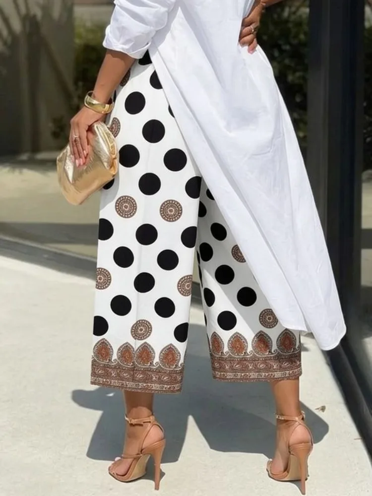 UOOZEE Women's Pleated Wide Leg Capri Pants Vintage Polka Dot Printed Ethnic Border Hem Loose High Waist Casual Cropped Trousers view 2