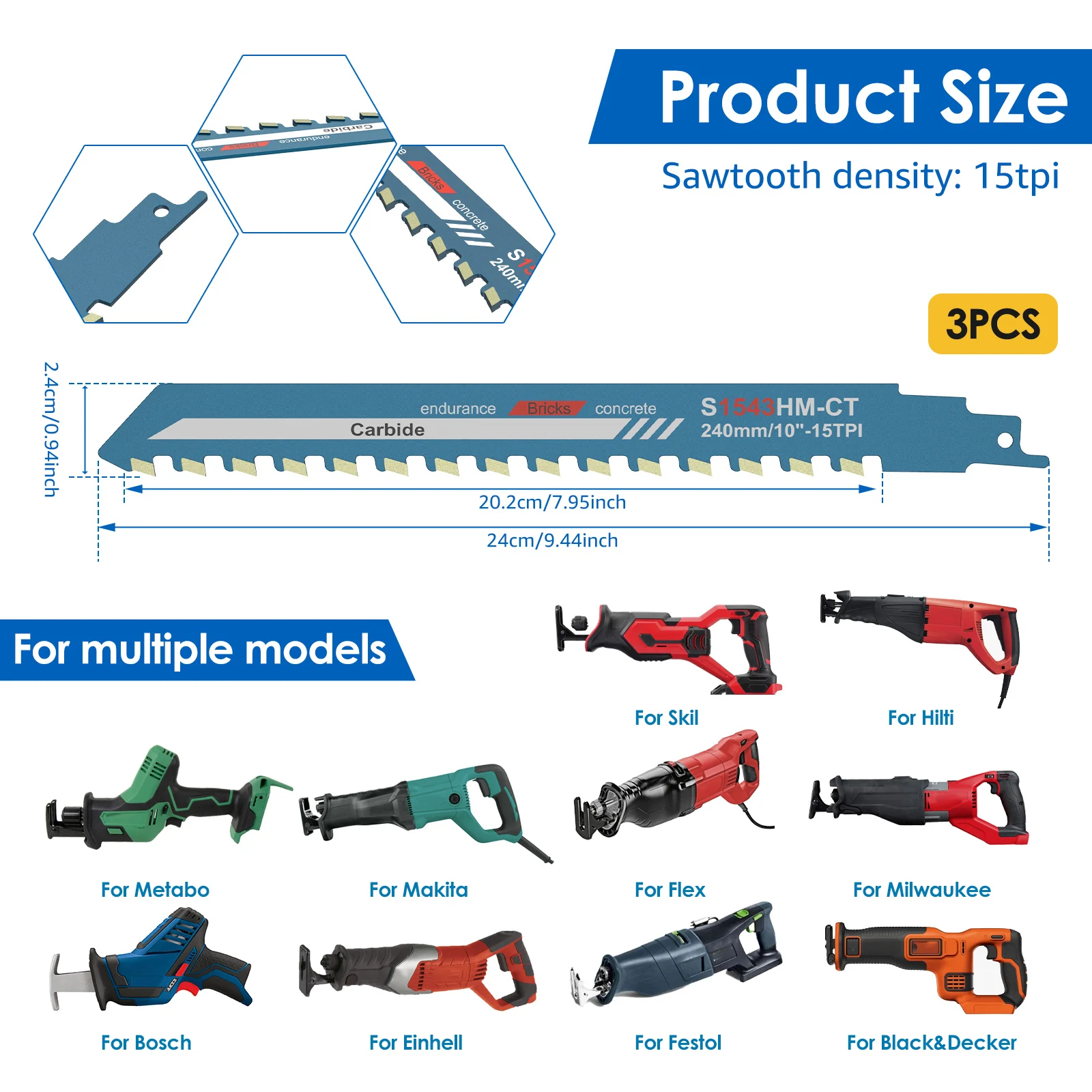 1/2/3Pcs Reciprocating Saw Blade 10inch Tungsten Carbide Teeth Saber Saw High Hardness Saws Blade Masonry Concrete Cutting Tools
