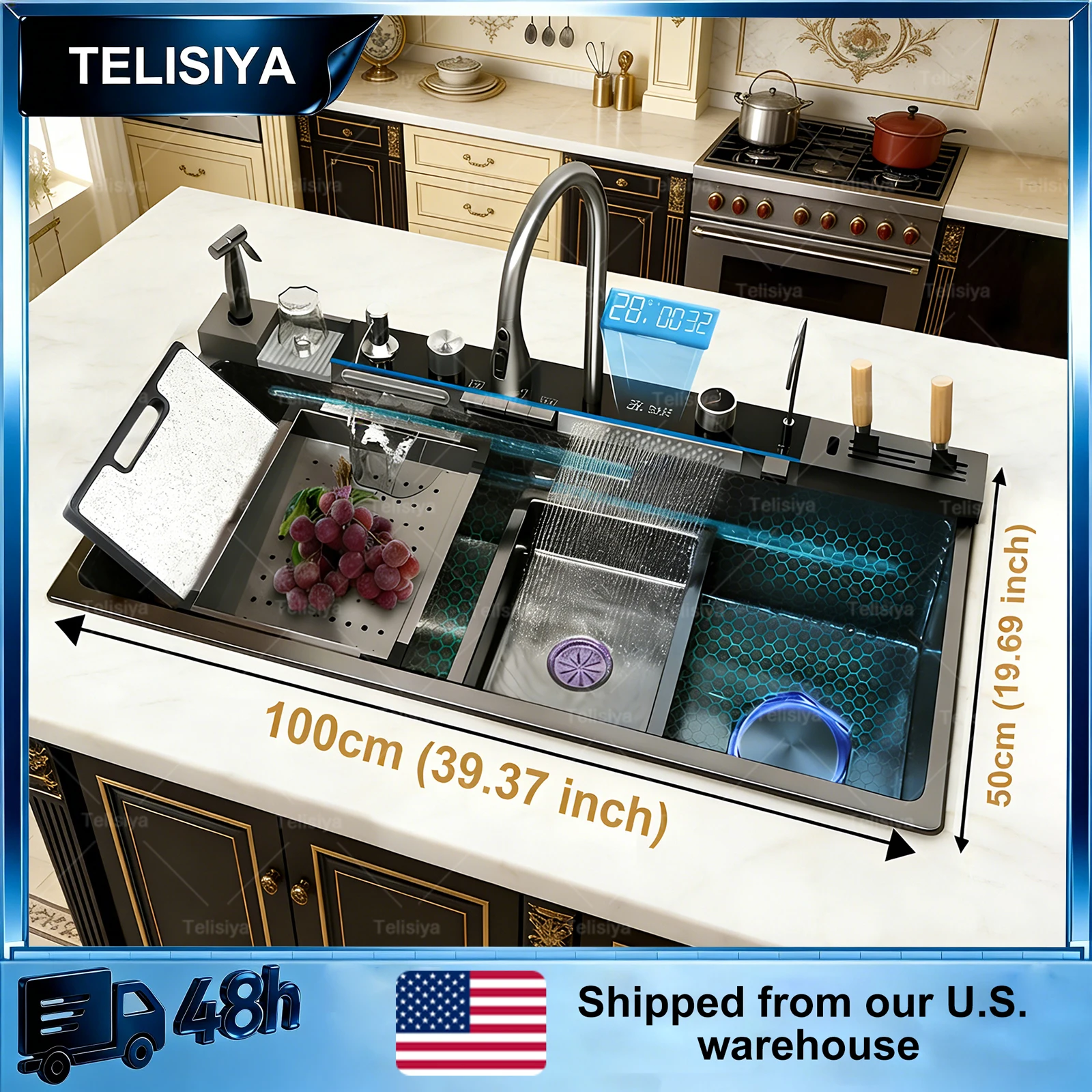 

39.37x19.69 inch Stainless Steel Waterfall Kitchen Sink Digital Display Dish Wash Bowl Large Single Slot 100*50CM