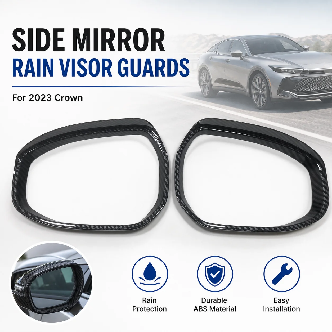 For 2023 Crown Side Mirror Rain Visor Guards Carbon Fiber ABS 2Pcs