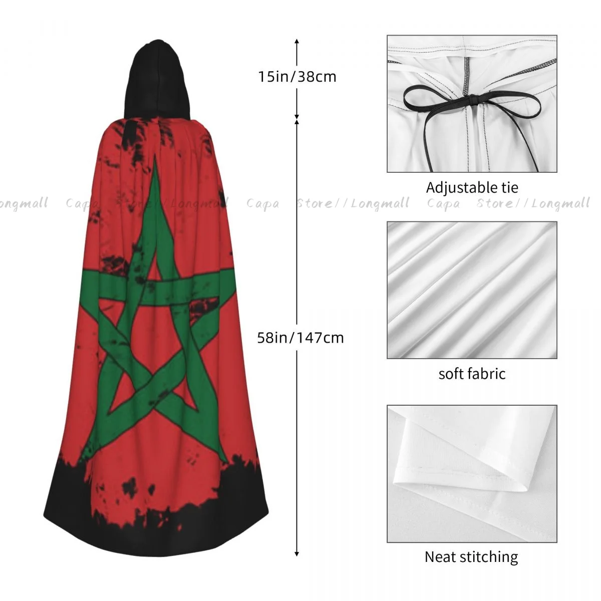 Adult Vampire Cape Hooded Robe Morocco Flag Brush Background Halloween Cloak Full Length Cosplay