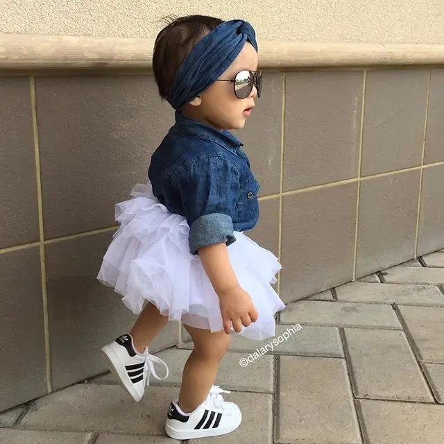 Summer Kids Clothes Sets Baby Girls Casual Solid Long Sleeve Denim Shirt Top + White Pleated Skirt + Headband Toddler Clothing