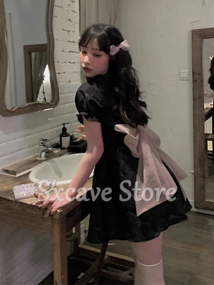 Bow Black Mini Dress Women Elegant Gothic Short Party Dress Female 2022 Summer Vintage One Piece Dress Korean Chic Kawaii Lolita