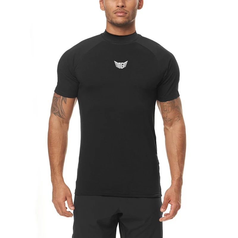 Gym Warriors Turtleneck Compression Shirt Men Quick Dry Fitness Short Sleeve T-Shirt Bodybuilding Tight Clothing Muscle Tshirt