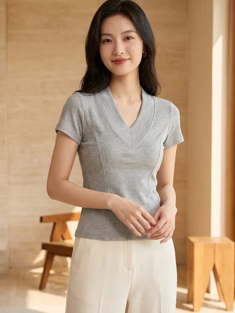 Koreanisches Lässiges Vielseitiges Oberteil 2026 Sommer Neu V-Ausschnitt Geripptes Gestricktes Schlankes Damen T-Shirt Basic Elastisch Kurzarm Tee Shirt – Detail 3