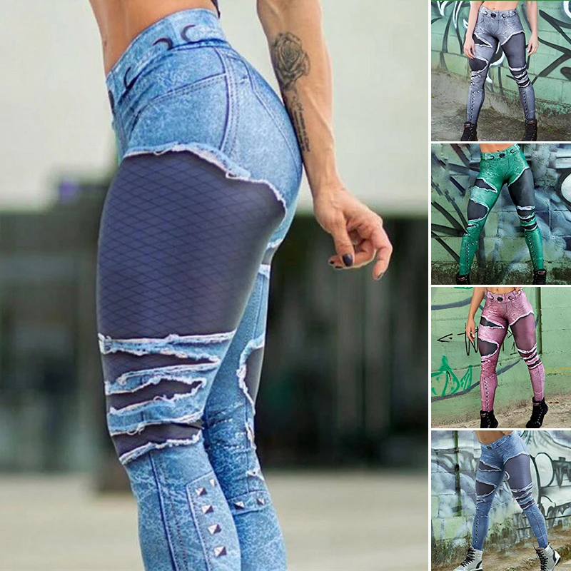 High Waist Denim Yoga Leggings Push Up Jeans Sports Pants Gym Tights Running Tummy Control Workout Pencil Trousers Sportswear