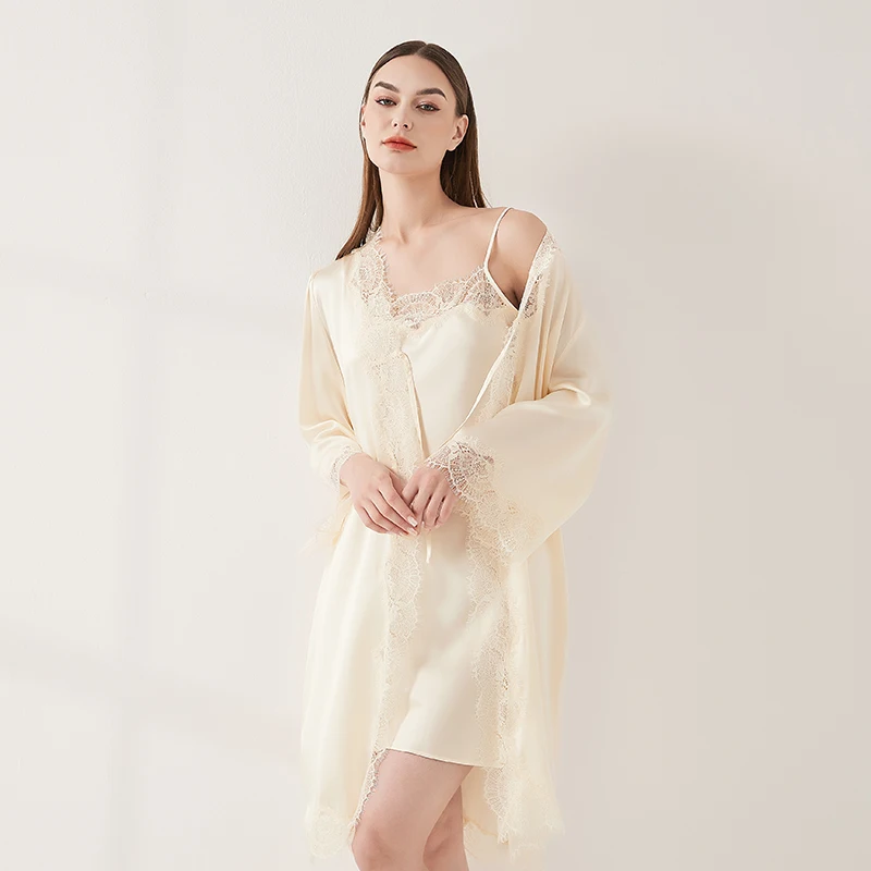 19MM 100% Mulberry Silk Lace Trim Sexy Kimono Bride Bathrobe and Night Gown Homewear Two Piece Set Lace-up Robe with Slip Dress