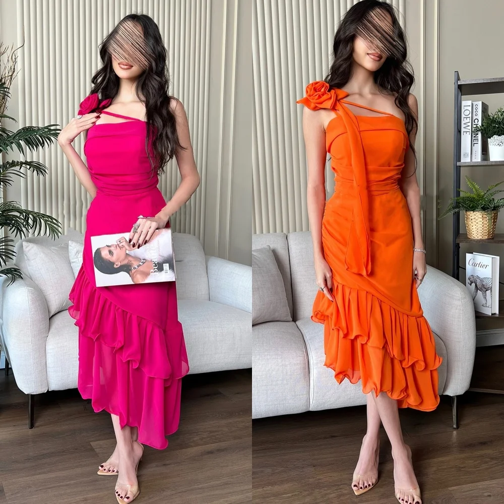 

Customized Fashion Sexy Chiffon Pleat Ruched Tiered Flower A-line One-shoulder Midi Dresses Bespoke Occasion Dresses Classic