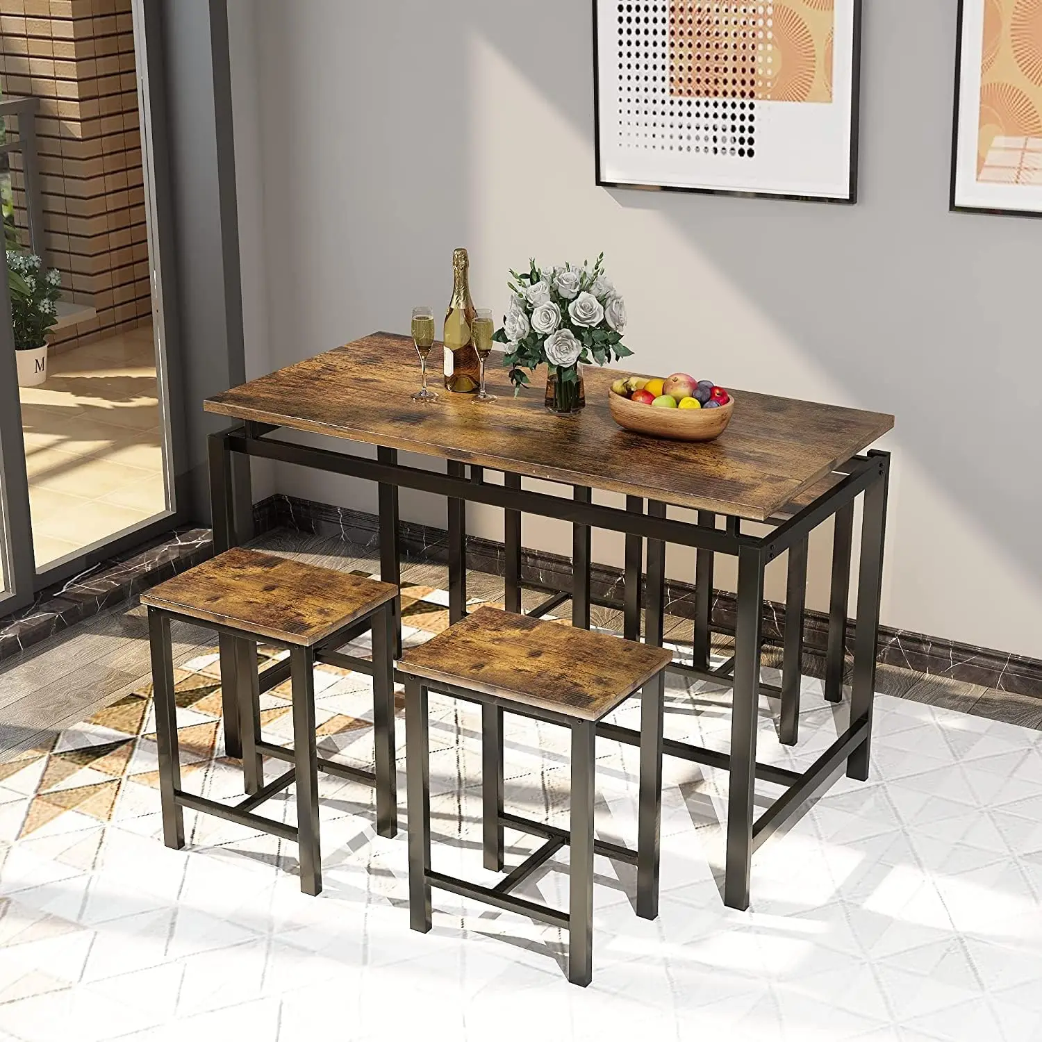 Mieres 5 Piece Dining Table Set For 4, Small Kitchen Bar Table And Chairs For 4, Wooden 47"" Dining Room Table Set With 4