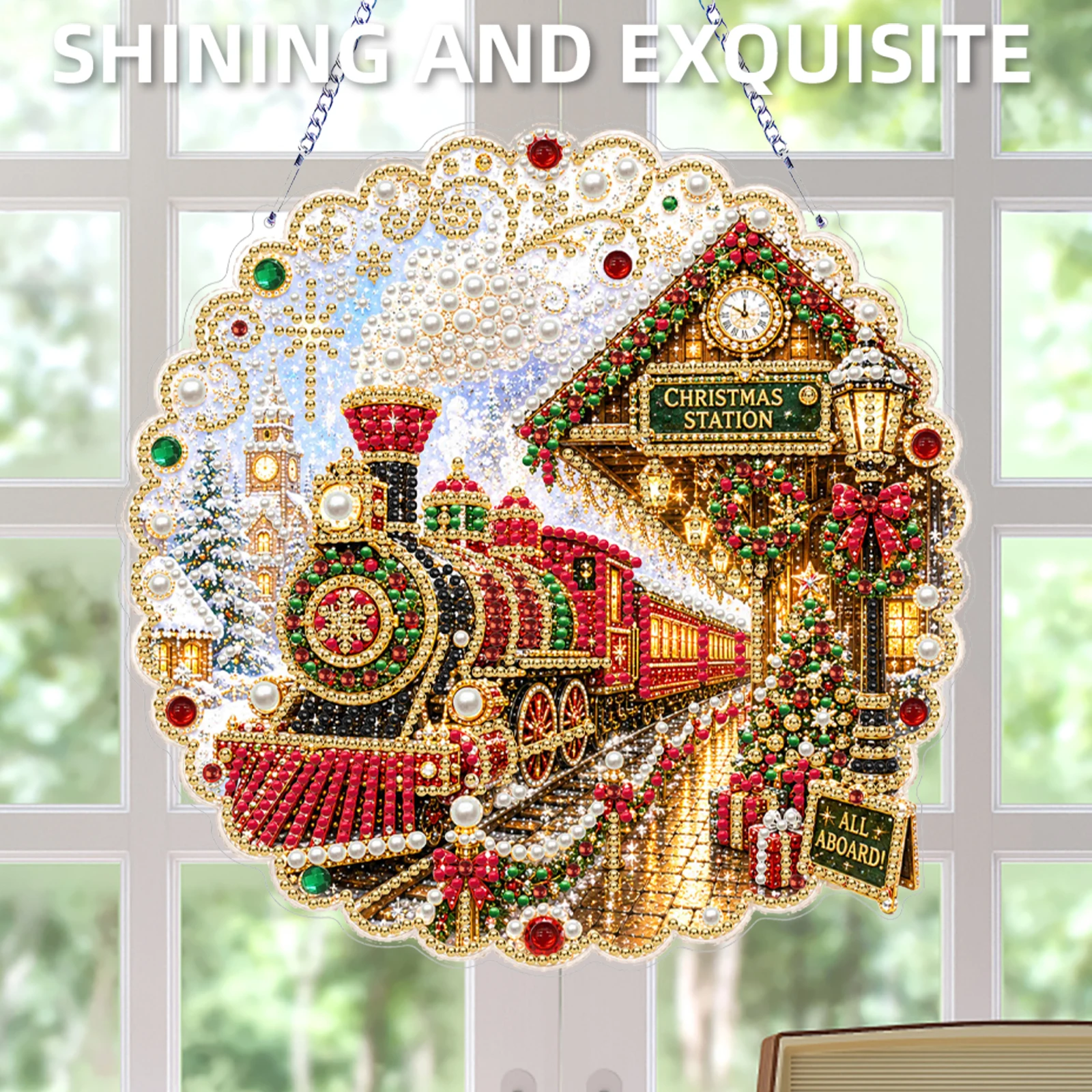 DIY Diamond Painting Double Sided Acrylic Pendant Crystal Rhinestone Pearl Bead Christmas Home Wall Window Hanging Decor Gift