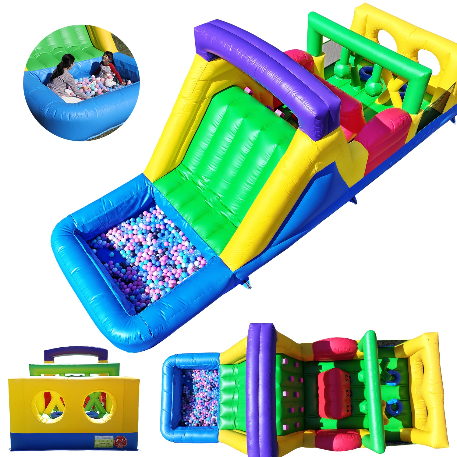Giant 25FT Inflatable Obstacle Water Slide with Ball Pool Bounce Combo Backyard Family Party Outdoor Activity 650x300x250cm