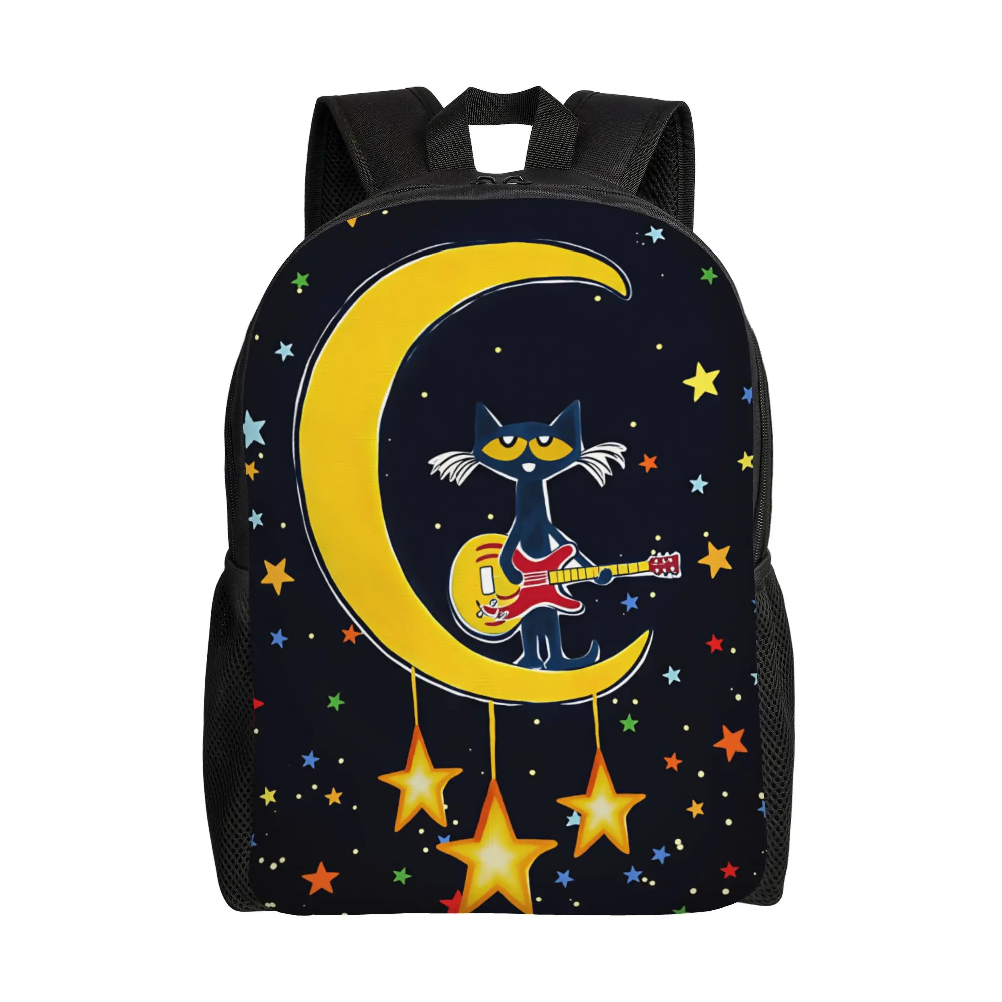 Petes the cat Playing The Guitar On the Moon Backpack Women Men  Breathable Backpacks Polyester Casual High School Bags