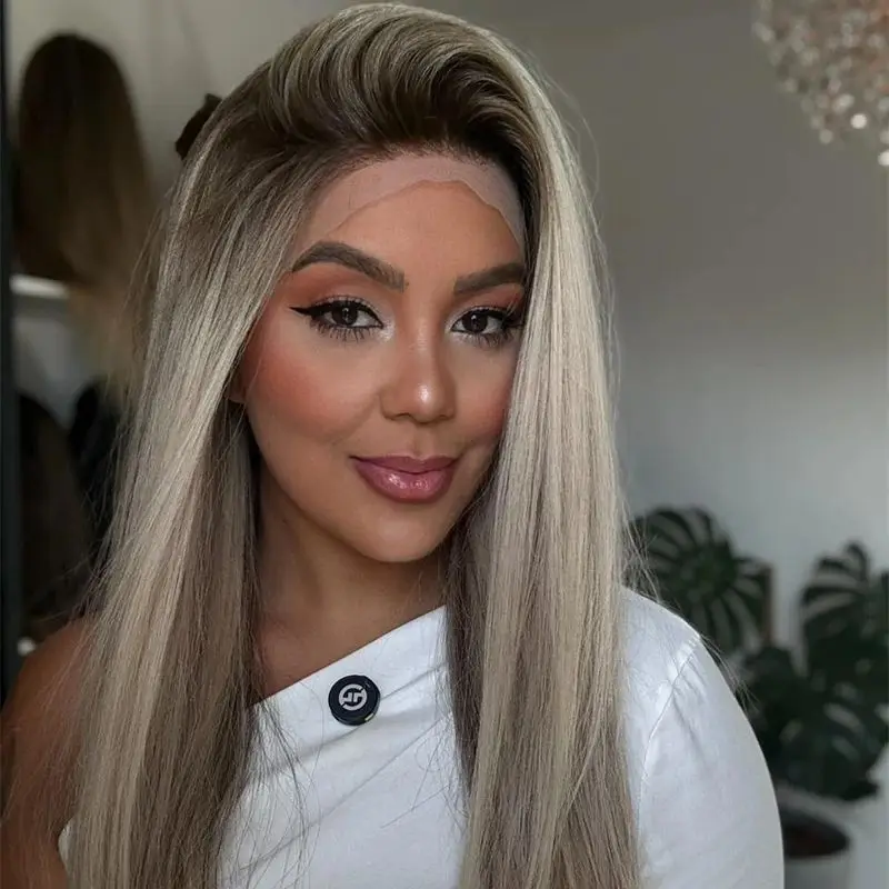 

Прямой парик средней длины, парик Ombre Platinum Blonde, синтетические парики HD для женщин, рельестический, предварительно счастливый, бесклеевой парик