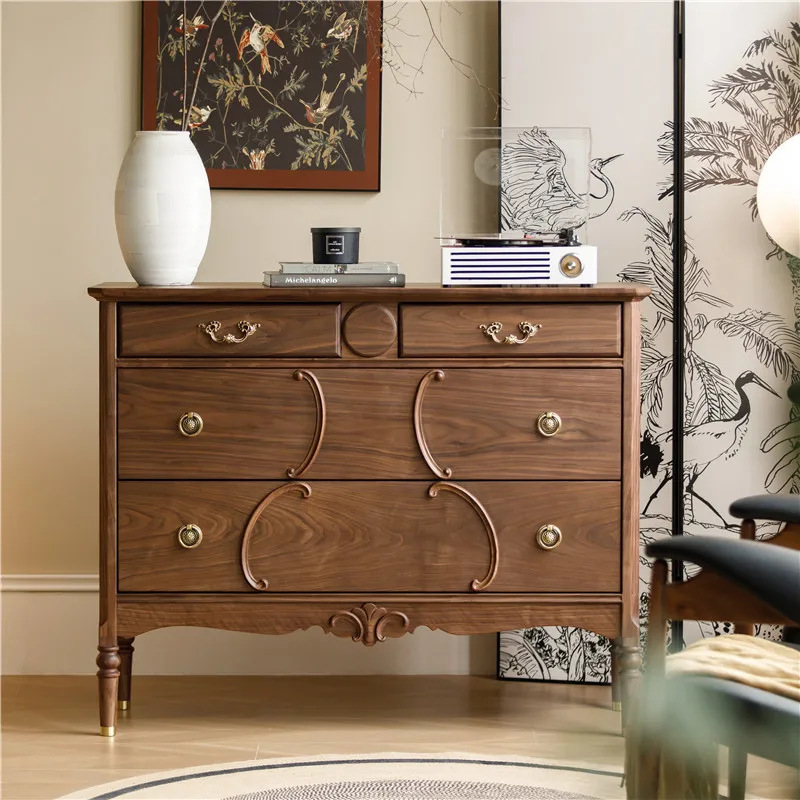 

French retro style North American black walnut bedroom chest of drawers Bedside locker Middle antique side cabinet