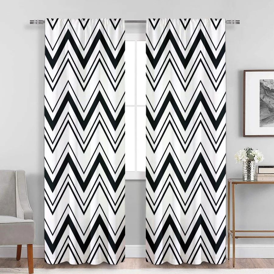 2PCS Digital Print Curtains, Black White Chevron Zigzag Geometric Pattern, Modern Minimalist for Living Room Bedroom Decor