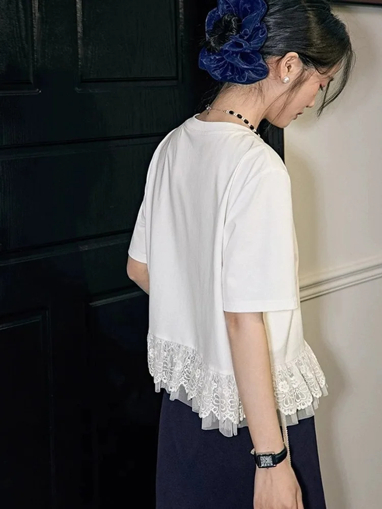 Bluzka damska letnia z falbankami i koronką, prosty krój, luźny krój, styl koreański, idealna do pracy.