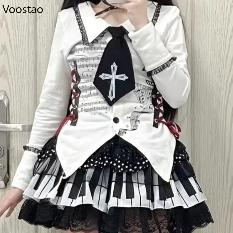 Japanese Harajuku Y2k Lolita Mini Skirt Women Vintage Black White Piano Keys Polka Dot Lace Party Skirts Casual Punk Cute Faldas