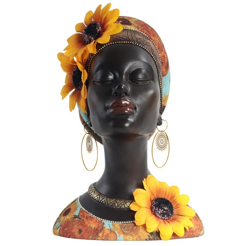 African Art Bust Statue, Home Decor African Sunflower Girl Figurines, Home Decor Resin Black African Bust Sculpture Durable